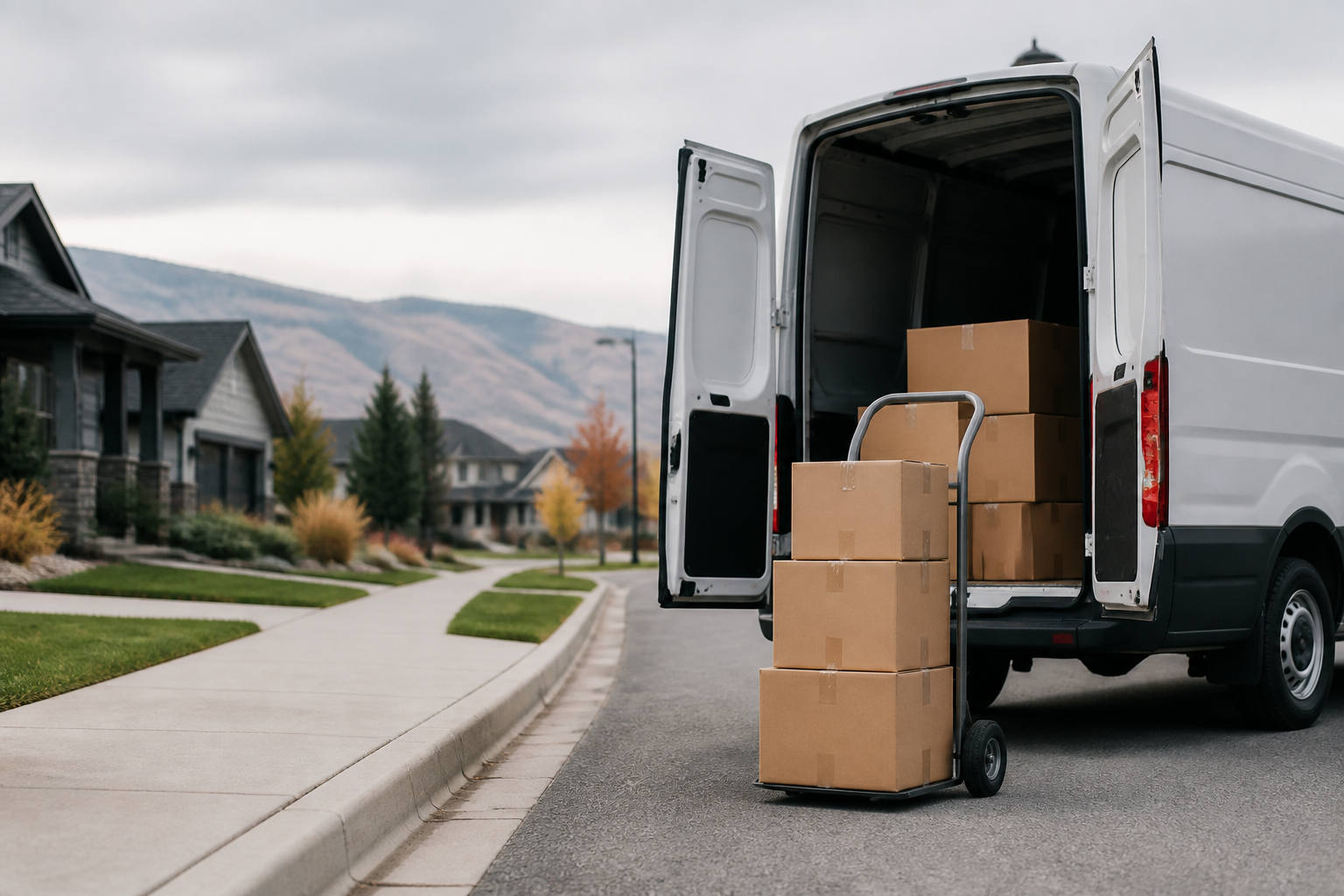 Delivery van and packages at a curb—distribution and delivery-area surcharges on freight invoices