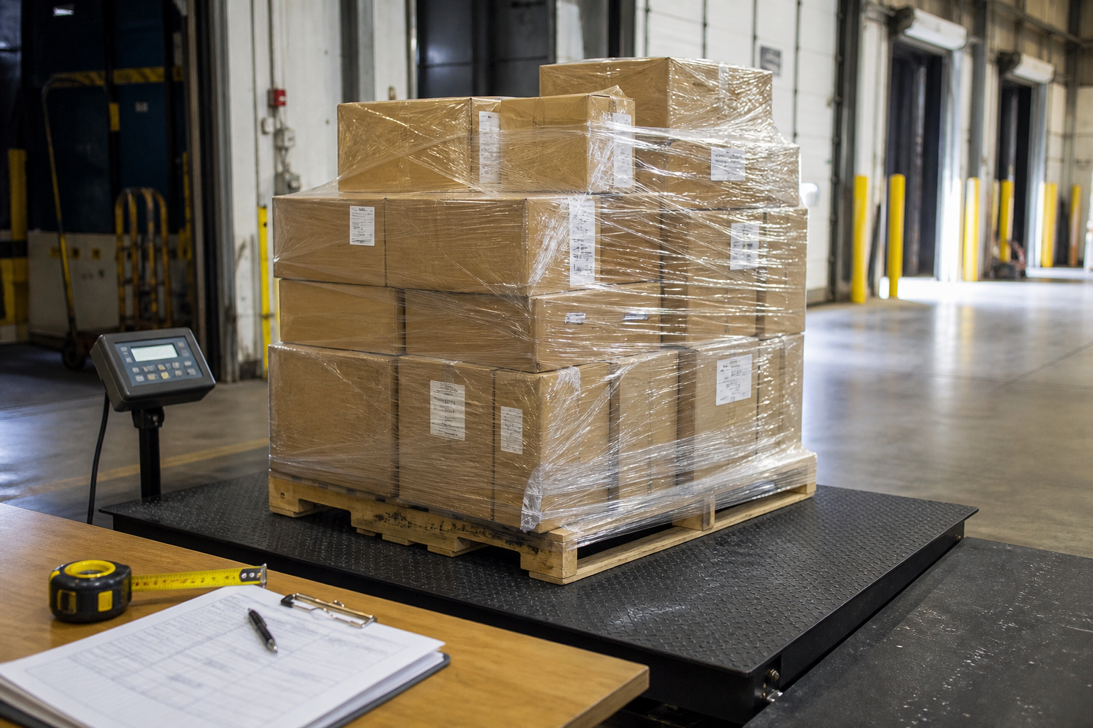 Loaded pallet on a warehouse dock scale with measuring tape and freight paperwork