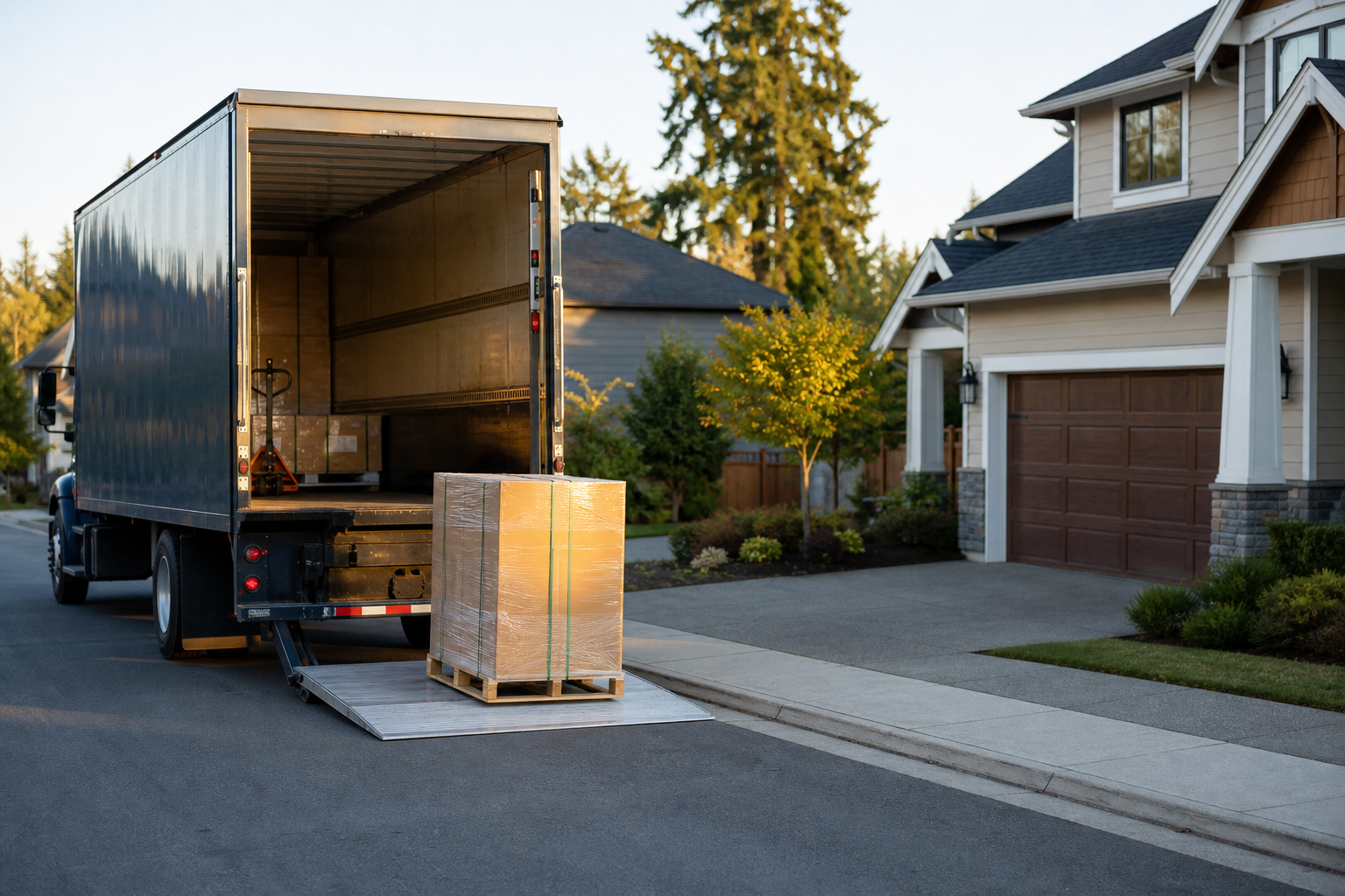 Residential delivery: truck delivering freight to a suburban home without a loading dock