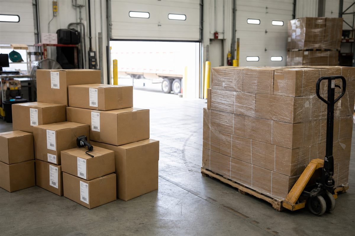 Loose cartons staged for parcel shipping beside the same freight palletized for LTL